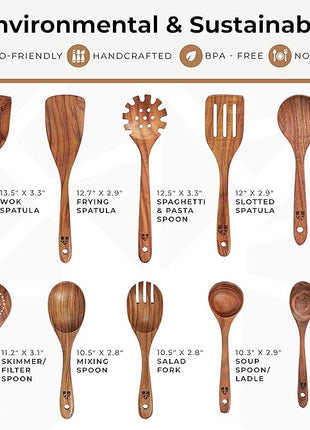 Wooden Spoons for Cooking – 10 Pc Teak Wood Utensil Set, Durable, Nonstick Safe & Heat Resistant with Ergonomic Handles - Unique Kitchen Gifts for Women Men, Cooking Gifts for Men Women