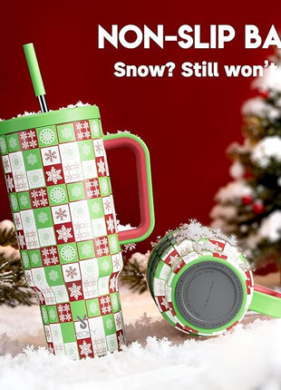 Meoky 40 oz Christmas Tumbler with Handle and Straw, Xmas Tumbler with Lid and Straw, Insulated Stainless Steel Travel Mug, Christmas Gifts for Women Men Adults (Holly Check)