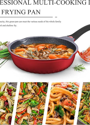 Vinchef Nonstick Skillet with Lid, 11In/5Qt Aluminum Deep Frying Pan with Lid and Heat Indicator, Anti Scratch and Anti Stain Deep Saute Pan, Induction Compatible