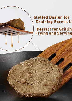 FJNATINH Wooden Slotted Spatula for Cooking, Nonstick Teak Slotted Turner, Flat Wooden Kitchen Cooking Spatula Turner for Frying Flipping Kitchen Utensil Pancake