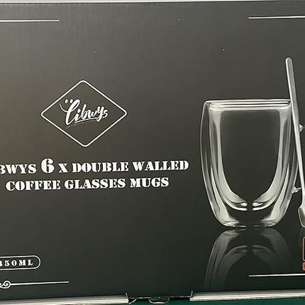 LIBWYS 6 Pack Double Walled Coffee Cups Glasses Mugs, 12oz Espresso Cappuccino Latte Tea Cups with Handle, Heat Resistant Borosilicate Clear Glasses 350ml