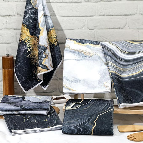 Boyiee Set of 6 Marble Kitchen Towels Gold Black Marble Tea Dish Towels 24 x 16 Inches Modern Absorbent Hand Washcloths Housewarming Gifts for Farmhouse Kitchen Bathroom Decorations