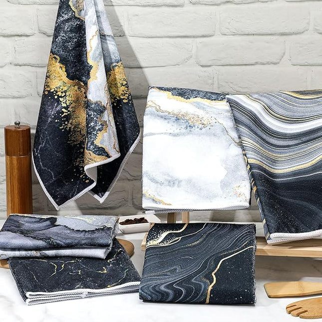 Boyiee Set of 6 Marble Kitchen Towels Gold Black Marble Tea Dish Towels 24 x 16 Inches Modern Absorbent Hand Washcloths Housewarming Gifts for Farmhouse Kitchen Bathroom Decorations