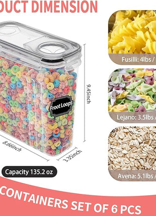 PRAKI Large Dry Food Storage Containers with Lids, 6PCS Airtight Cereal Containers Storage Set, Leak-proof Canister Set for Kitchen Pantry Organization with 20 Labels & Marker (4L Black)