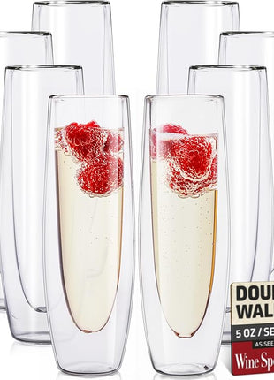 Eparé Stemless Champagne Flutes Glass - Set of 8 Modern Double Wall Stemless Flute Glasses for Champagne, Mimosas, and Prosecco - Elegant Gift-Boxed Champagne Glasses for Events