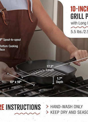 Victoria Cast Iron Grill Pan, Square Grill Pan, Cast Iron Griddle Pan, Seasoned with 100% Kosher-Certified, Non-GMO Flaxseed Oil, Black, 10 Inches