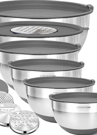 Priority Chef 6Pc Large Mixing Bowls With Lids Set with Non-Slip Bases, Stainless Steel Mixing Bowl Set, 6 Airtight Lids and 3 Graters, Grey