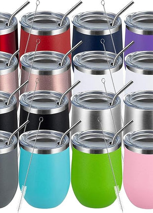 MEWAY 12oz Wine Tumbler Mix Color 16 Pack Bulk Gifts for Women, Vacuum Stainless Steel Travel Mug with Lid,Insulated Stemless Wine Cup Glass for Coffee,Cocktails,Drinks(Mix,Set of 16)