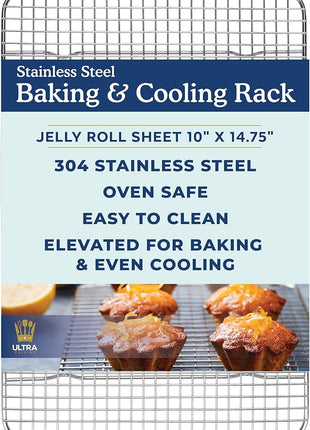 Ultra Cuisine Stainless Steel Baking Rack - 10x14.75 inch Jelly Roll Pan Wire - Oven Grill Sheet Pan - Oven Safe - Dishwasher Safe - Heavy Duty Wire Cooling Rack for Cooking Baking and Roasting