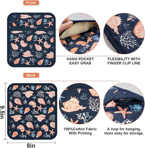 Pot Holders Set of 2 Heat Resistant 480℉ Kitchen 100% Cotton Comfortable Lining Printing Cowry Flower Women Men Home Cooking Baking Microwave BBQ Gift (Cowry potholders)