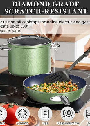 Nuwave Healthy Duralon Blue Ceramic Nonstick Cookware Set, Diamond Infused Scratch-Resistant, PFAS Free, Dishwasher & Oven Safe, Induction Ready & Evenly Heats, Tempered Glass Lids & Stay-Cool Handles