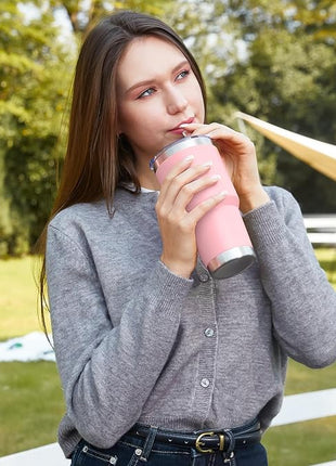 MEWAY 30oz Insulated Tumbler With Lids and Straws,Stainless Steel Double Vacuum Coffee Tumbler Cup, Brush, Durable Powder Coated Coffee Cup for Cold & Hot Drinks, Office, Travel(Pink,8 PACK)