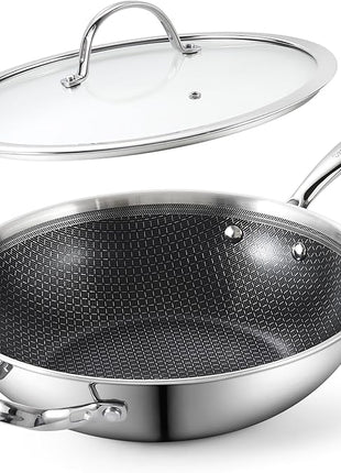 Cooks Standard 12-Inch Hybrid Nonstick Wok with Tempered Glass Lid, Multi-Ply Clad Stainless Steel Flat Bottom Wok Stit Fry Pan, Oven Safe, Induction Ready, Compatible with All Stovetops