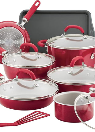 Rachael Ray Create Delicious Nonstick Cookware Pots and Pans Set, 13 Piece, Red Shimmer