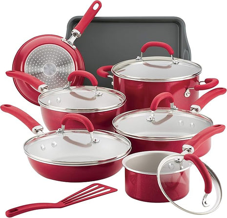 Rachael Ray Create Delicious Nonstick Cookware Pots and Pans Set, 13 Piece, Red Shimmer