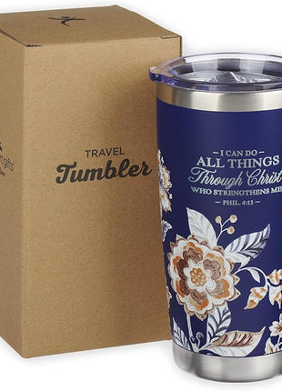 Christian Art Gifts Stainless Steel Scripture Tumbler Travel Mug for Women: All Things Through Christ Inspirational Bible Verse, Double-wall Vacuum Insulated w/Lid Hot/Cold, Navy Blue Floral, 18oz.