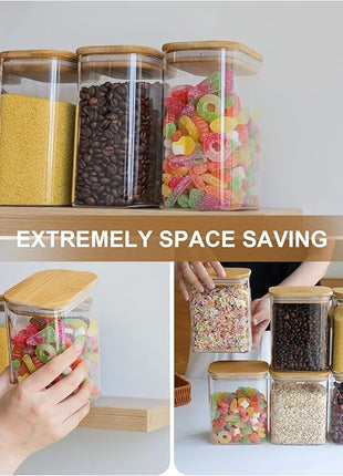Liuruiyu Glass Storage Jars 12 * 8cm [Set of 6],Clear Glass Food Storage Containers with Airtight Bamboo Lid Stackable Kitchen Canisters for Candy,Cookie,Rice,Sugar,Flour,Pasta(Square)