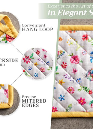 Maison d' Hermine 100% Cotton Oven Mitt & Pot Holder Set (7.5"x13" & 8"x8") Heat Resistant BBQ Cooking Gloves with Loop, Grilling, Kitchen, Handling Hot Pans Spring/Summer (Happy Florals - Sweety)