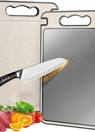 Titanium Cutting Board Double Sided for Kitchen,Knife Sharpener & Garlic Grater Wheat Straw + PP with Juice Groove Large Chopping Board（15×10In） Kitchen Necessities for Home