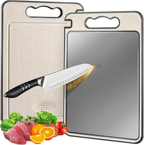 Titanium Cutting Board Double Sided for Kitchen,Knife Sharpener & Garlic Grater Wheat Straw + PP with Juice Groove Large Chopping Board（15×10In） Kitchen Necessities for Home