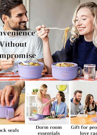 AI LOVE PEACE Ramen Bowls, 40 oz Large Microwavable Noodle Bowls (2 Purple) with Chopsticks, Sporks, and Utensil Bag, Portable Microwave Bowl for Home, Office, Dorm, or College Gift.