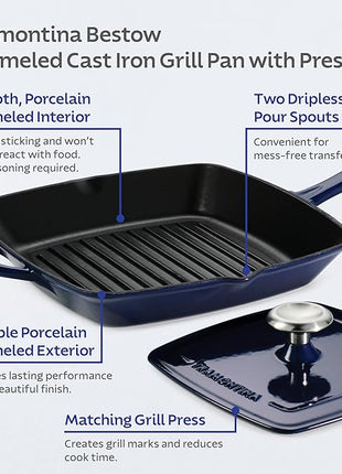 Tramontina Bestow Enameled Cast Iron Grill Pan with Press, 11-inch, Blue