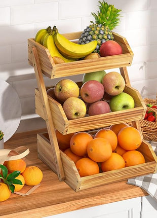 3 Tier Wooden Fruit Basket For Kitchen, Bread Vegetable Fruit Basket Bowl Stand, Farmhouse Fruit Bowl for Countertop, Large