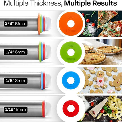 17 Inch Adjustable Stainless Steel Rolling Pin with 4 Thickness Rings & Non-Stick Pastry Mat – Professional Dough Roller for Pizza, Cookies, Pasta & Pies - Black