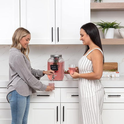 1 Gallon Glass Water Dispenser with Stainless Steel Spigot + Marker & Chalkboard, & Ice Cylinder - 100% Leakproof Beverage Dispenser Mason Jar Drink Dispenser Gallon Jug - Laundry Detergent Holder.