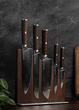 Yatoshi Knives Magnetic Kitchen Knife Block Set - Japanese 67 Layer High-Grade VG-10 Steel Knives, Sharp, G10 Handle Professional Kitchen Knife Set - Damascus (6 pieces), Brown