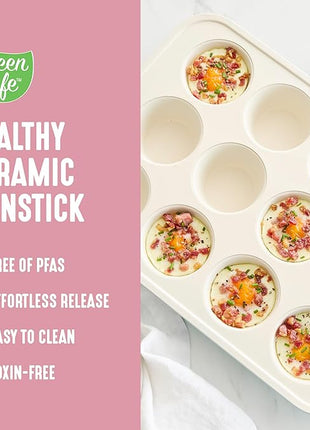 GreenLife 12-Cup Muffin Pan, PFAS-Free Healthy Nonstick Baking Tray, 11.4" x 1.9" x 15.9", Durable Ceramic Bakeware, Cupcakes, Egg Bites, Tarts, Brownies, Pink