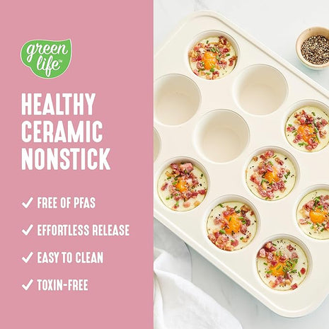 GreenLife 12-Cup Muffin Pan, PFAS-Free Healthy Nonstick Baking Tray, 11.4" x 1.9" x 15.9", Durable Ceramic Bakeware, Cupcakes, Egg Bites, Tarts, Brownies, Pink