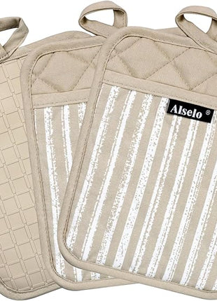Silicone Pot Holders Set of 3 Heat Resistant & Non Slip Potholders, Professional Oven Hot Pads with Pockets Mitts for Kitchen Cooking Baking Barbecue (Khaki, 3)