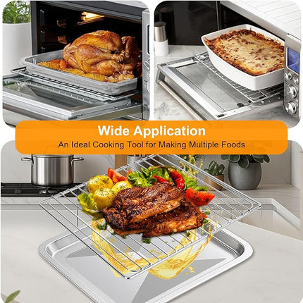 Air Fryer Baking Pan & Grill Rack Set for Breville Countertop Oven BOV845BSS, 14''×11.6''&11.77''×11.77', Nonstick Stainless Steel Set 360°Heating Grilling Oven Accessories for Family Cooking
