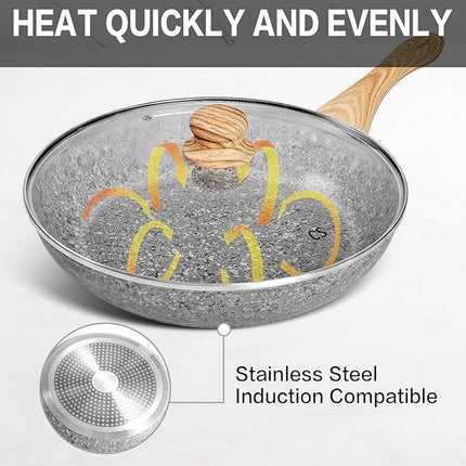 KOCH SYSTEME CS Nonstick Frying Pan with Lid, 12 Inch Grey Granite Frying Pan with Non-toxic Nonstick Coating, Aluminum Skillet with Heat-resistant Bakelite Handle, Induction Compatible, Oven Safe
