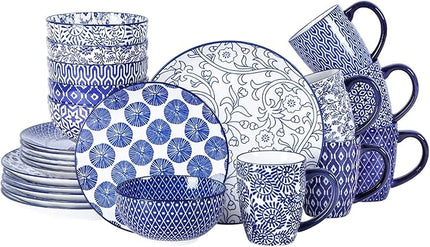 Selamica Ceramic Dinnerware Sets for 6, 24 Piece Plates and Bowls Sets, Scratch Resistant Dishes Set-Dishwasher & Microwave & Oven Safe, Vintage Blue A