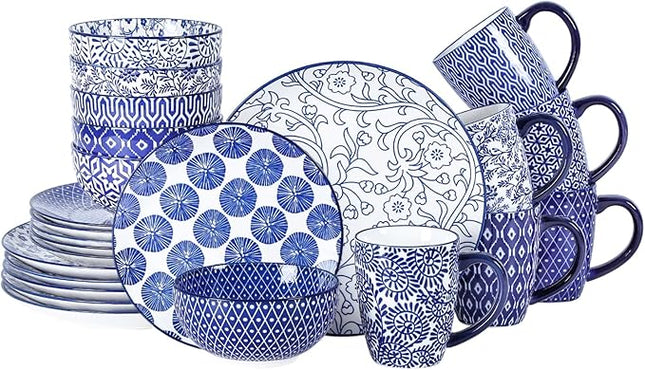 Selamica Ceramic Dinnerware Sets for 6, 24 Piece Plates and Bowls Sets, Scratch Resistant Dishes Set-Dishwasher & Microwave & Oven Safe, Vintage Blue A
