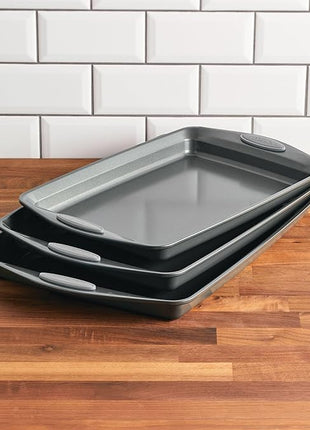 Rachael Ray Nonstick Bakeware Set with Grips, Nonstick Cookie Sheets / Baking Sheets - 3 Piece, Gray with Sea Salt Gray Grips