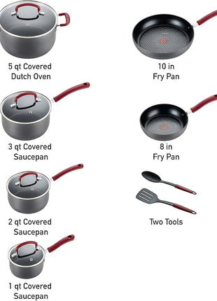 T-fal Ultimate Hard Anodized Nonstick Cookware Set 12 Piece, Oven Broiler Safe 600F, Kitchen Cooking Set w/Fry Pans, Saucepans, Dutch Oven, Kitchen Utensils, Pots and Pans, Dishwasher Safe, Black