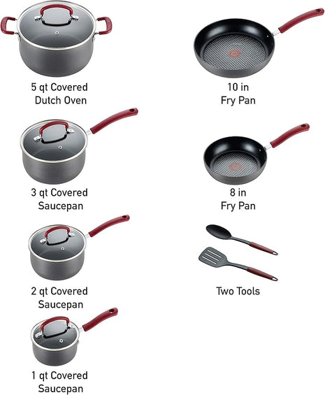 T-fal Ultimate Hard Anodized Nonstick Cookware Set 12 Piece, Oven Broiler Safe 600F, Kitchen Cooking Set w/Fry Pans, Saucepans, Dutch Oven, Kitchen Utensils, Pots and Pans, Dishwasher Safe, Black