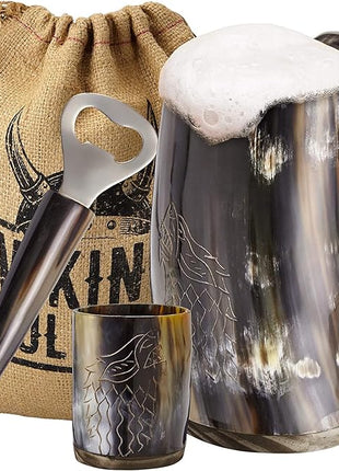 Viking Culture Ox Horn Mug, Shot Glass, and Bottle Opener (3 Pc Set) Authentic 16-oz. Ale, Mead, and Beer Tankard | Vintage Stein with Handle | Custom Intricate Design - Polished Finish | Wolf/Fenrir