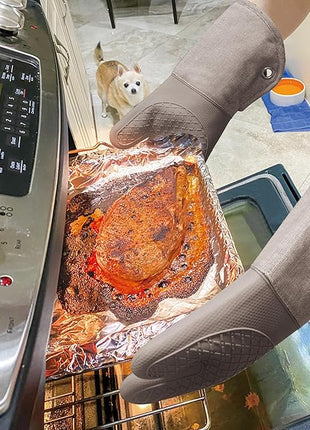 Professional Microwave Silicone Oven Mitts one Pair, Kitchen Mitten Set for Heat Resistant with 500 Degrees, Kitchen Gloves Pot Holder for BBQ Cooking Baking (Khaki)