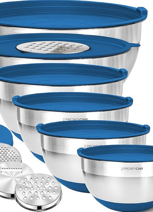 Priority Chef 6Pc Large Mixing Bowls With Lids Set with Non-Slip Bases, Stainless Steel Mixing Bowl Set, 6 Airtight Lids and 3 Graters, Blue