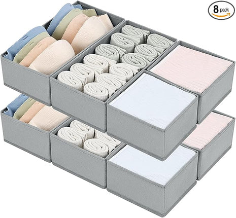 DIMJ Drawer Organizer Clothes Set of 8, Foldable Closet Drawer Organizer, Underwear Drawer Box, Fabric Drawer Dividers for Baby Clothes, Socks, Belt, Tie (Grey)