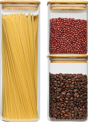 ComSaf Glass Food Storage Containers Set, 3 Pcs Airtight Clear Food Jars with Lids, Square Stackable Kitchen Canisters, Glass Jars For Spaghetti Pasta, Spice, Sugar, Candy, Tea, and Coffee Beans