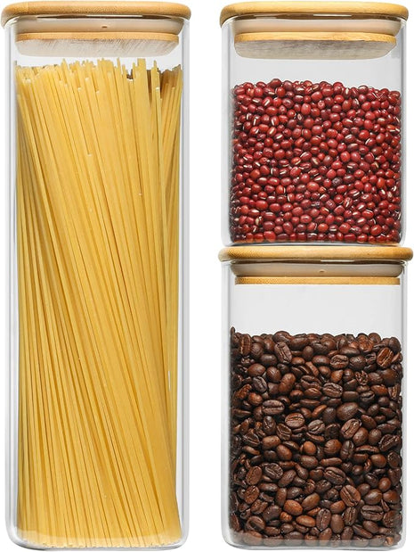 ComSaf Glass Food Storage Containers Set, 3 Pcs Airtight Clear Food Jars with Lids, Square Stackable Kitchen Canisters, Glass Jars For Spaghetti Pasta, Spice, Sugar, Candy, Tea, and Coffee Beans