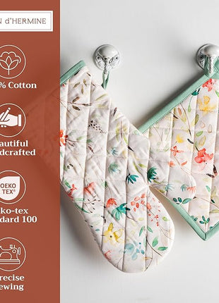 Maison d' Hermine 100% Cotton Oven Mitt & Pot Holder Set (7.5"x13" & 8"x8") Heat Resistant BBQ Cooking Gloves with Loop, Baking, Grilling, Kitchen, Handling Hot Pans Spring/Summer (Colmar)