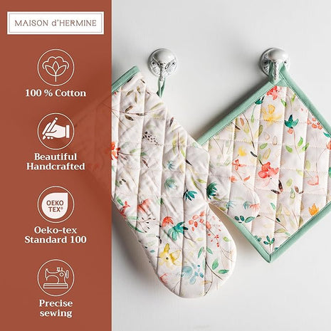 Maison d' Hermine 100% Cotton Oven Mitt & Pot Holder Set (7.5"x13" & 8"x8") Heat Resistant BBQ Cooking Gloves with Loop, Baking, Grilling, Kitchen, Handling Hot Pans Spring/Summer (Colmar)