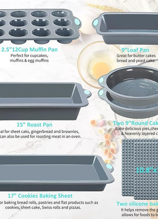To encounter 8 in 1 Silicone Baking Set - 6 Cake Molds - 2 Silicone Baking Mat, Nonstick Cookie Sheet, Cake Muffin Bread Pan with Grips and Metal Reinforced Frame More Strength, Light Grey
