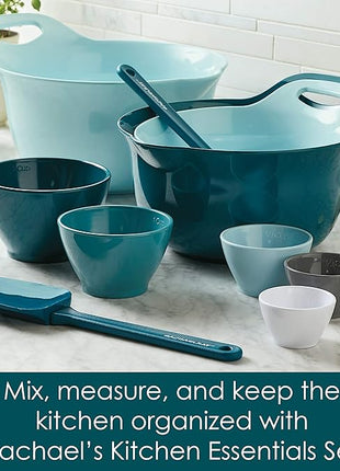 Rachael Ray Tools and Gadgets Mix and Measure Cooking / Baking Prep Set with Mixing Bowls, Measuring Cups, and Tools - 10 Piece, Light Blue and Teal